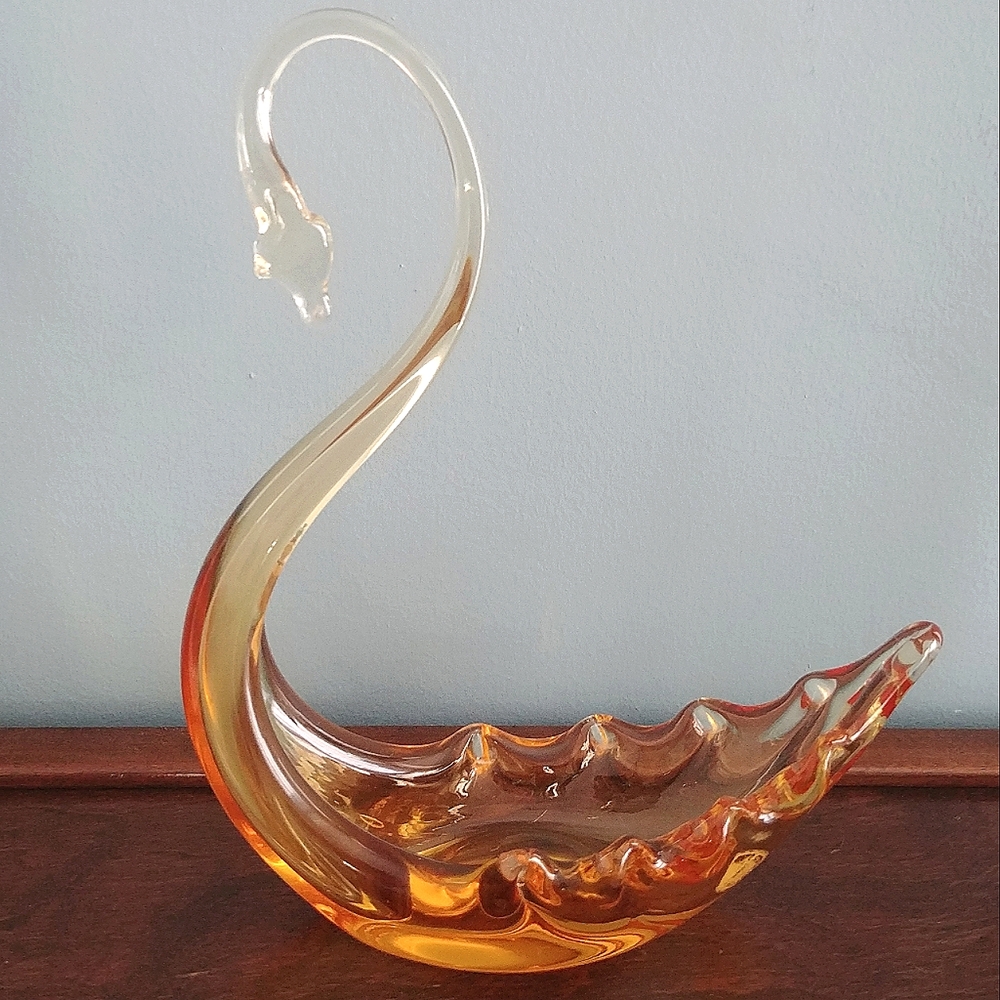 VTG Whitefriars Amber Glass 8.5" Swan Dish Vase Art Figurine. Made In England